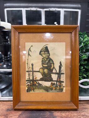 Charming Vintage Hummel Style Boy Framed Print Cottage Decor